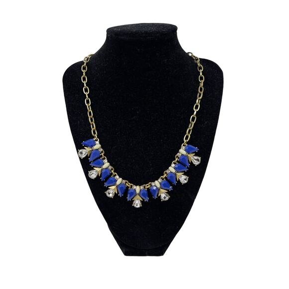J Crew Blue Rhinestone Bib Statement Necklace Gold Tone Chainlink Gem Stones - Picture 1 of 6